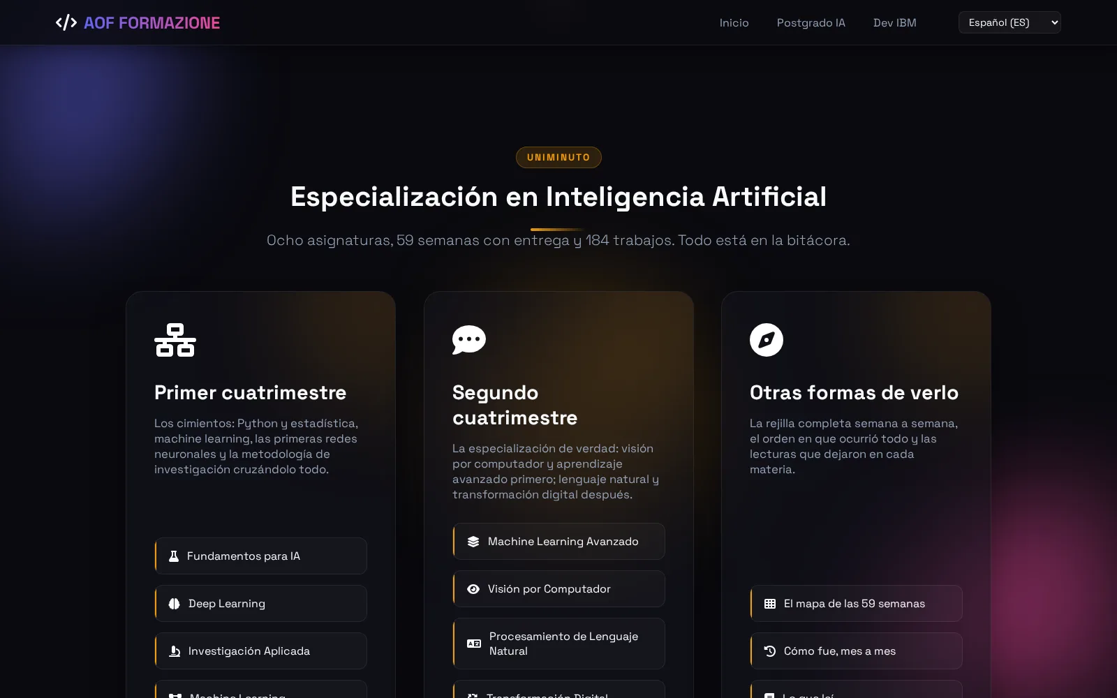 La sección de la Especialización en Inteligencia Artificial en la portada: primer cuatrimestre, segundo cuatrimestre y otras formas de verlo
