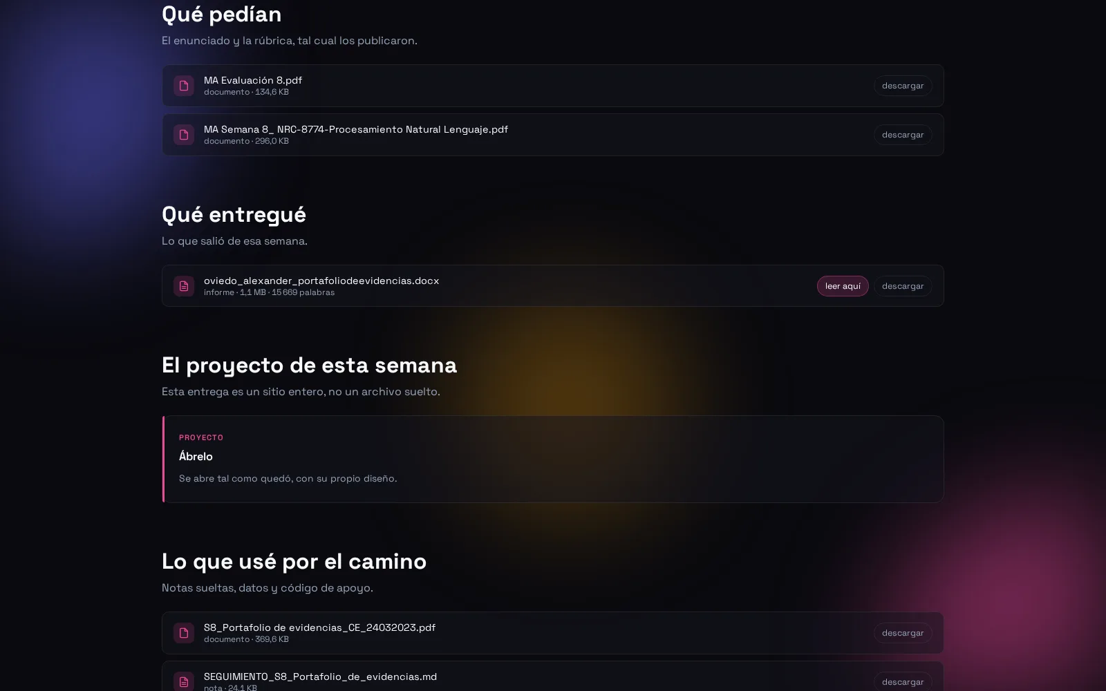 Los bloques «Qué pedían», «Qué entregué» y «El proyecto de esta semana» de la misma página