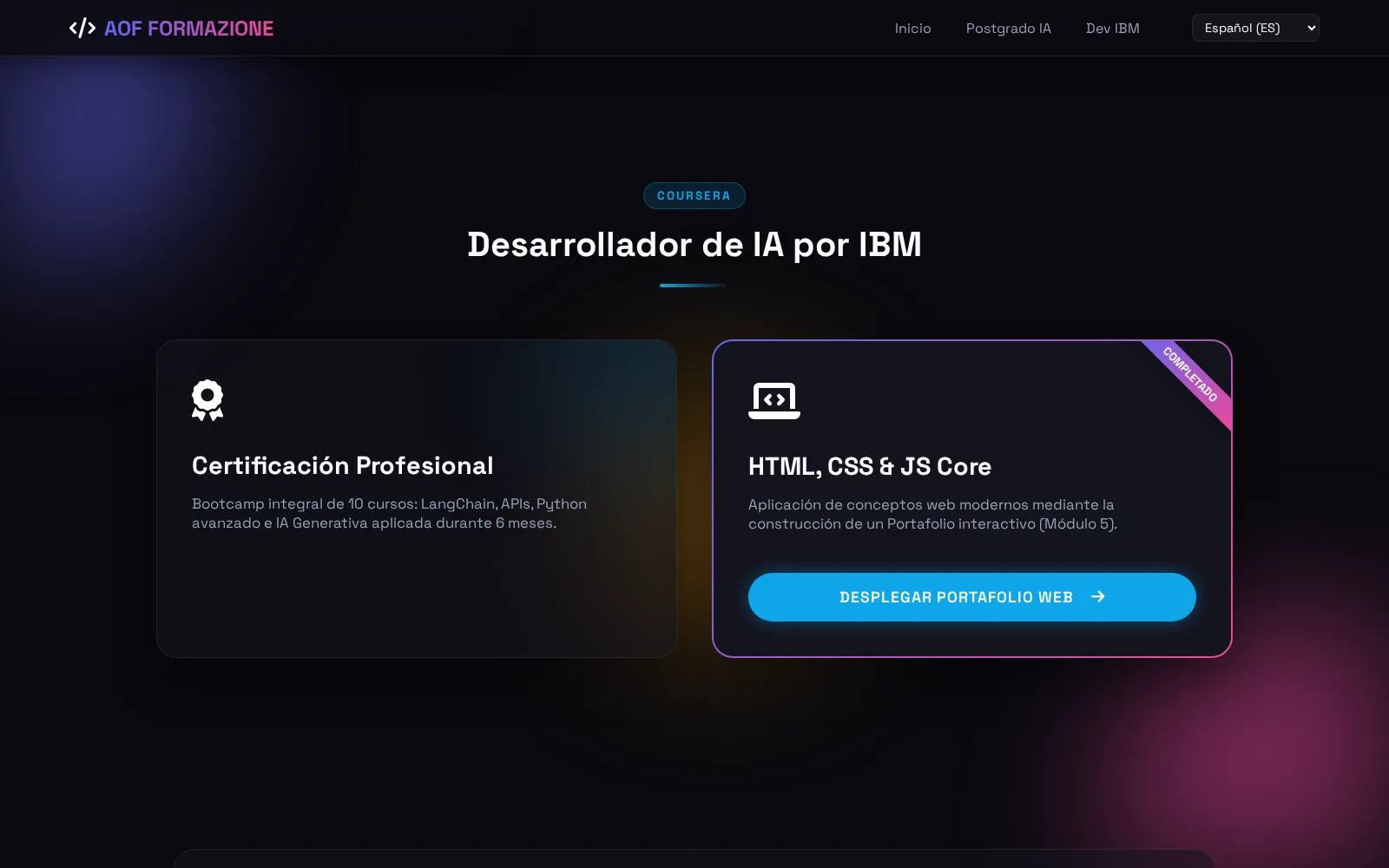 La sección IBM AI Developer de la portada: la certificación profesional y el proyecto de HTML, CSS y JavaScript